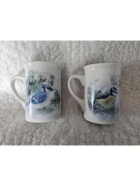 (Set of 2) Vintage Designpac Beautiful Bird Coffee Tea Mug Cup White 4" Ceramic